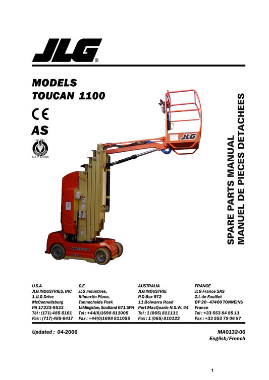 TOUCAN 1100 Vertical Lift Parts Catalog Manual MA013206 Multi language