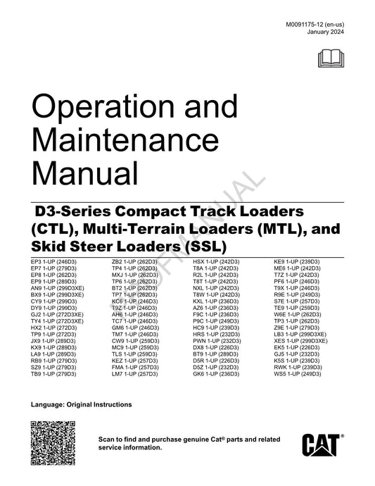 Caterpillar D3 Track MultiTerrain Skid Steer Loader OPERATORS MAINTENANCE MANUAL