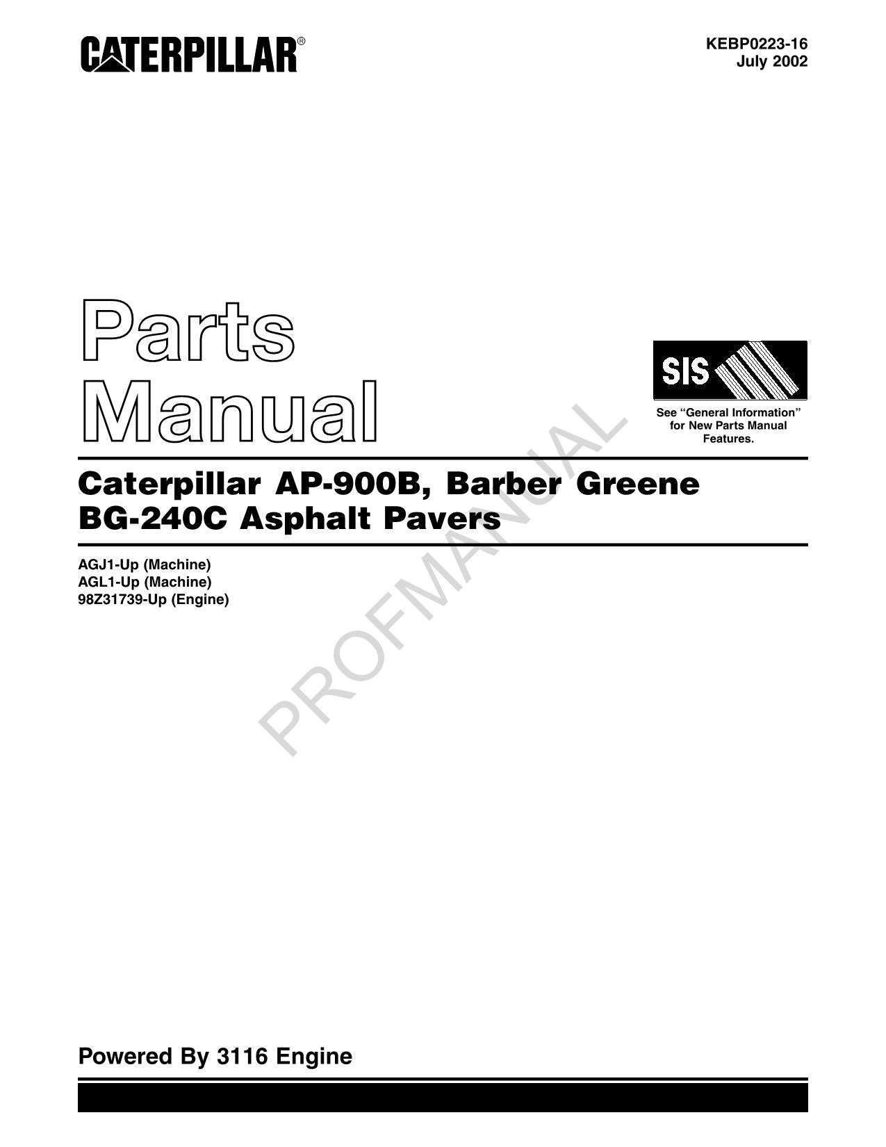 Caterpillar Cat AP 900B Barber Greene BG 240C Asphalt Paver Parts Catalog Manual