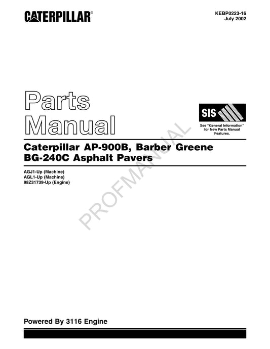 Caterpillar Cat AP 900B Barber Greene BG 240C Asphalt Paver Parts Catalog Manual