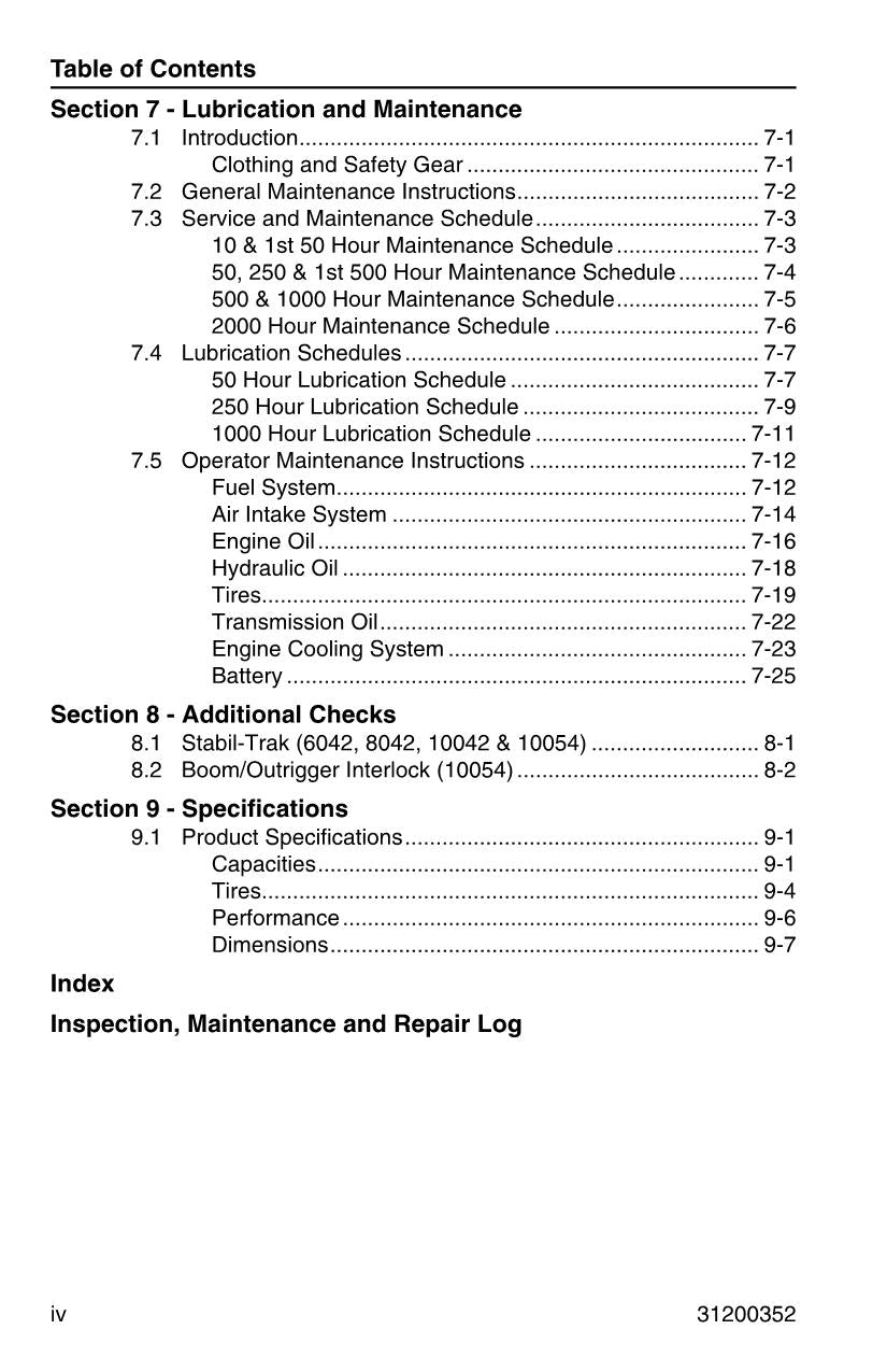 SKYTRAK 10042 10054 6036 6042 8042 Telehandler Operators Manual 31200352