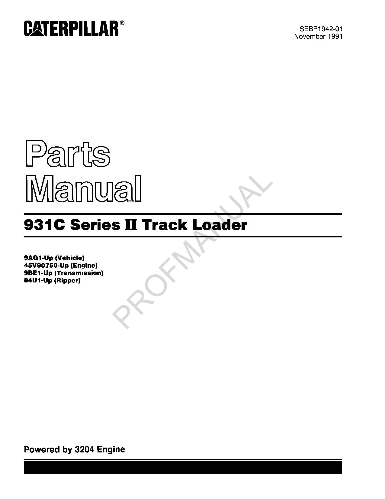 Caterpillar Cat 931C Series II Track Loader Parts Catalog Manual