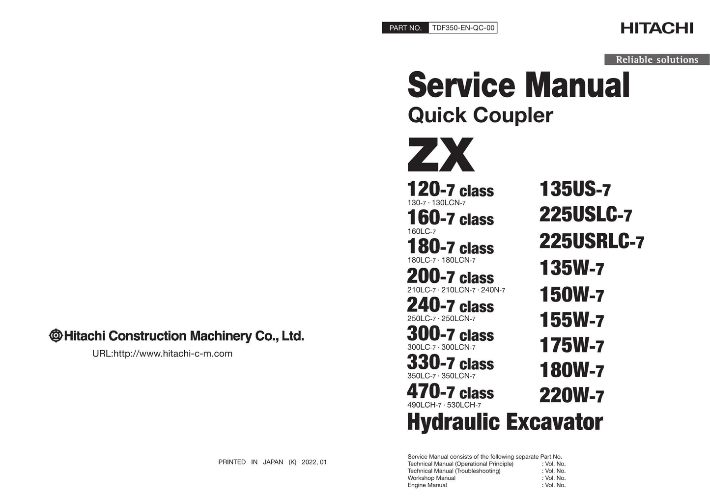 Hitachi Quick Couple 470-7 Class 175W-7 220W-7 120-7 Excavator Service manual