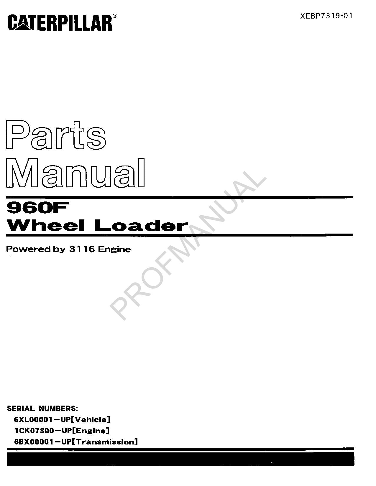 Caterpillar Cat 960F Wheel Loader Parts Catalog Manual XEBP7319