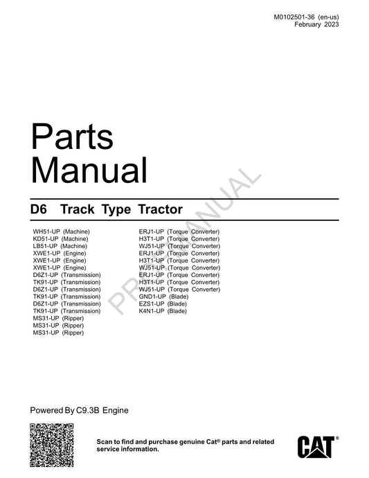 Caterpillar Cat D6 Track Type Tractor Parts Catalog Manual M0102501