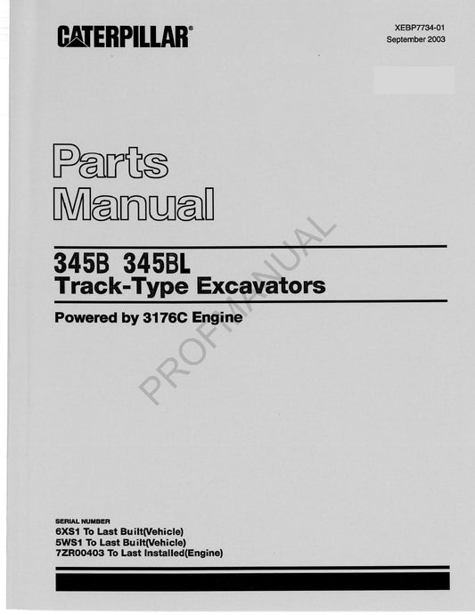 Caterpillar Cat 345B 345BL Track Type Excavator Parts Catalog Manual