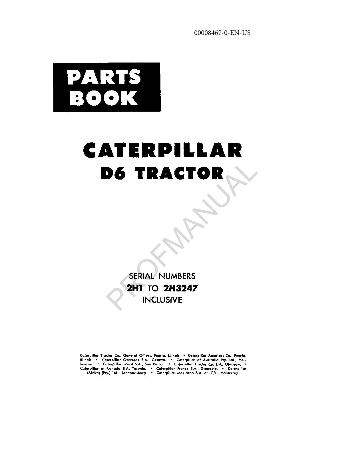 Caterpillar Cat D6 Tractor Parts Catalog Manual ser 2H1-3247