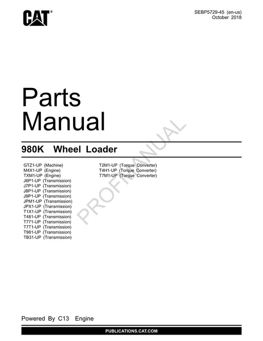 Caterpillar Cat 980K Wheel Loader Parts Catalog Manual SEBP5729