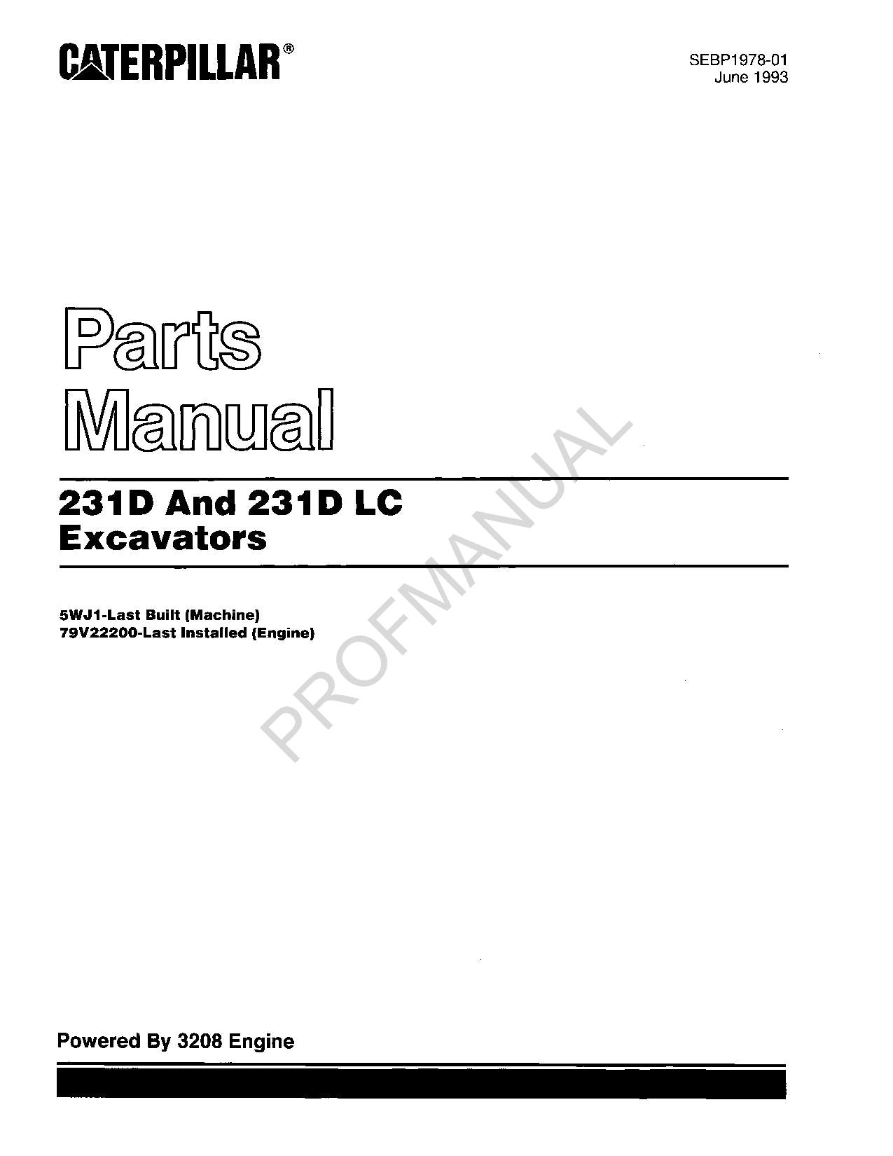 Manuel du catalogue des pièces détachées pour excavatrice Caterpillar Cat 231D 231D LC