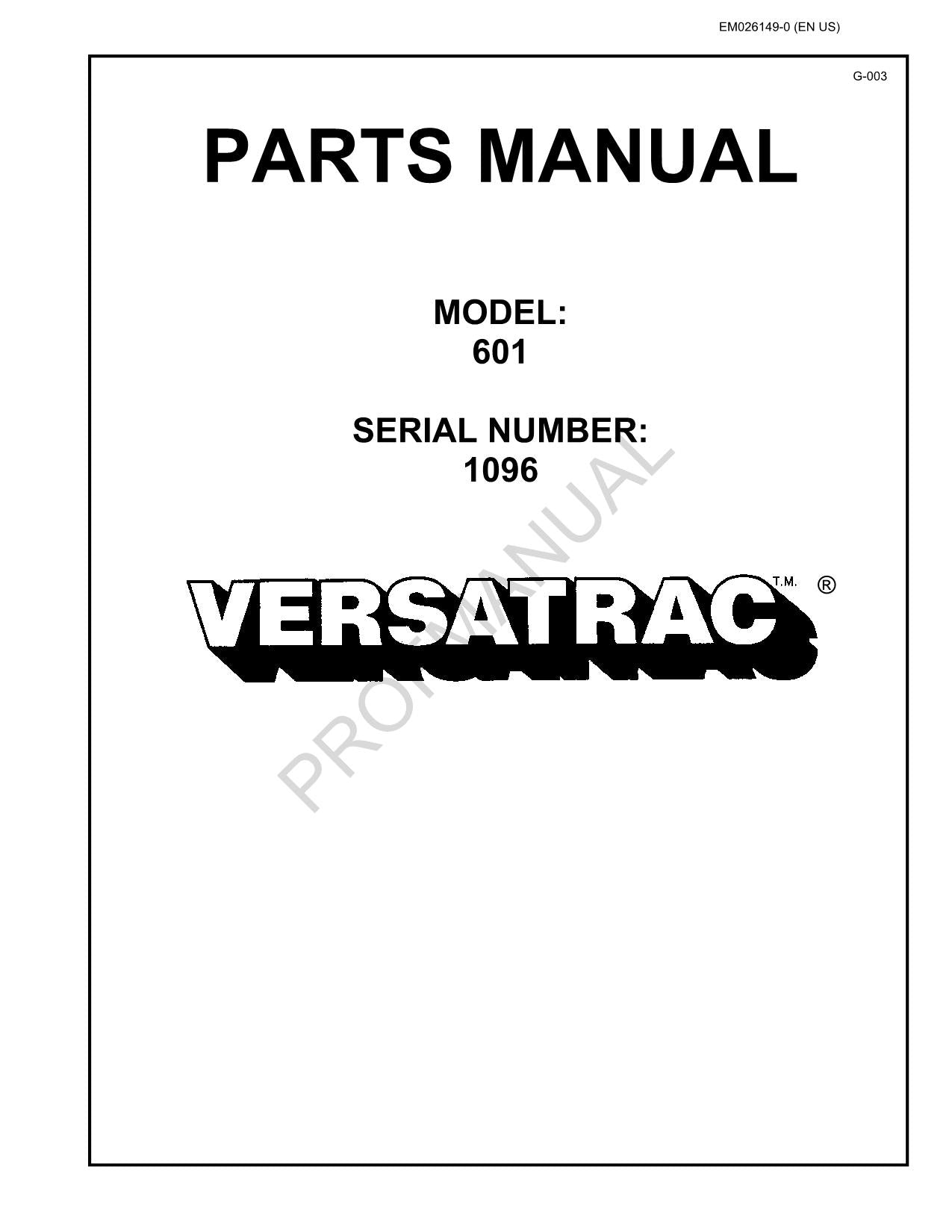 Catalogue de pièces détachées pour chenilles souterraines longue taille Versatrac 601, manuel série 1096