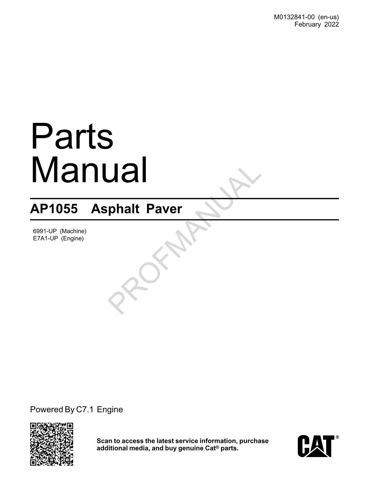 Caterpillar Cat AP1055 Asphalt Paver Parts Catalog Manual 6991-UP E7A1-UP