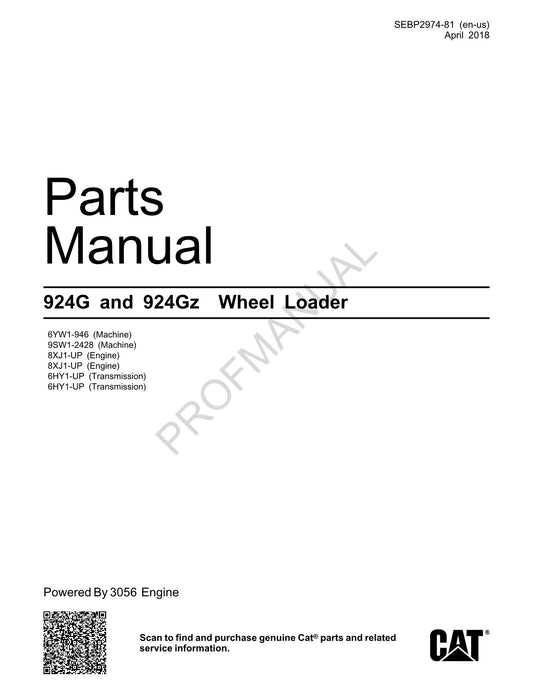 Caterpillar Cat 924G 924Gz Wheel Loader Parts Catalog Manual SEBP2974