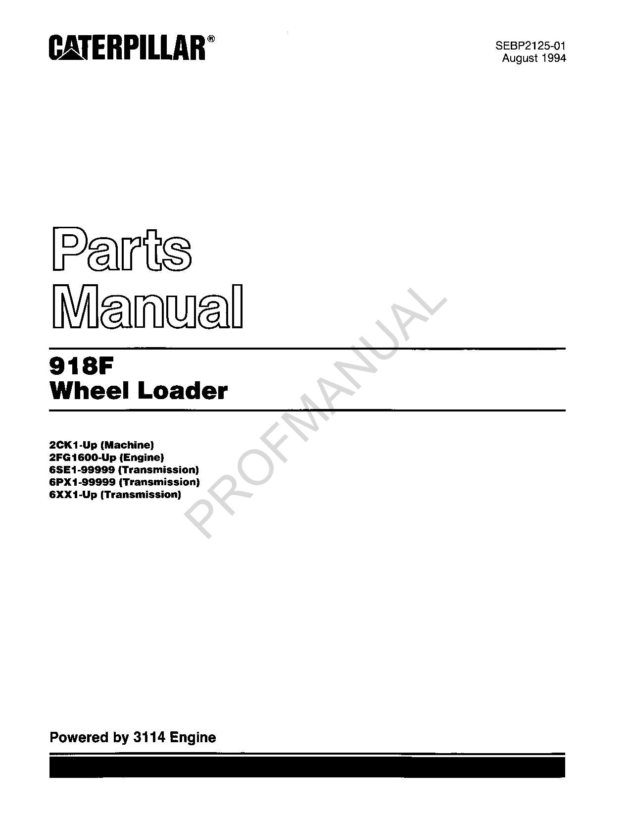 Caterpillar Cat 918F Wheel Loader Parts Catalog Manual SEBP2125