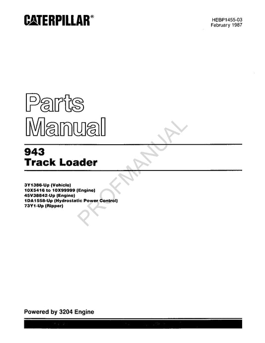 Caterpillar Cat 943 Track Loader Parts Catalog Manual HEBP1455