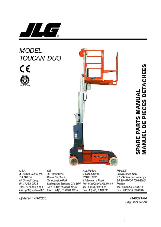 TOUCAN Duo Vertical Lift Parts Catalog Manual S.N. 5267-5301 MA032104