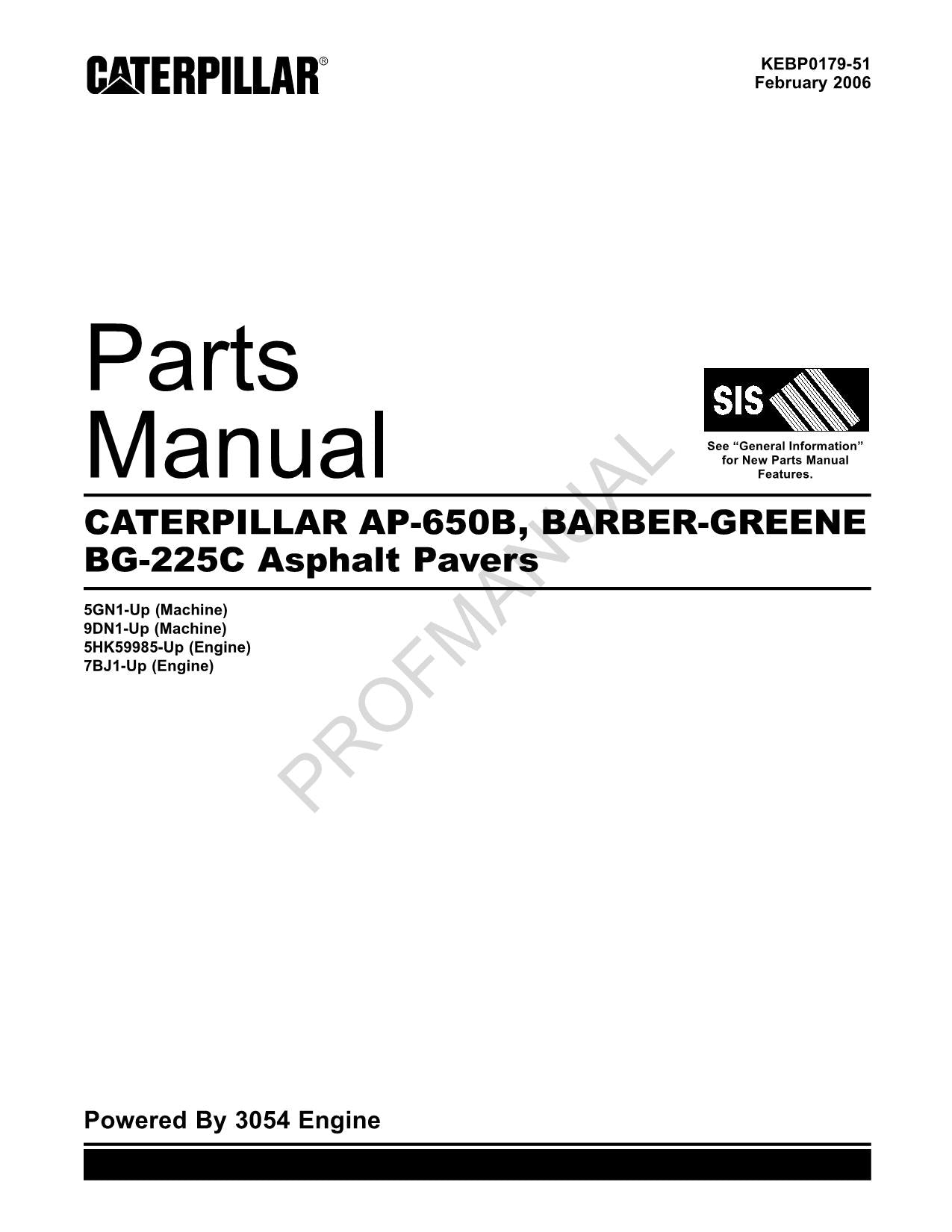 Caterpillar Cat AP 650B Barber Greene BG 225C Asphalt Paver Parts Catalog Manual