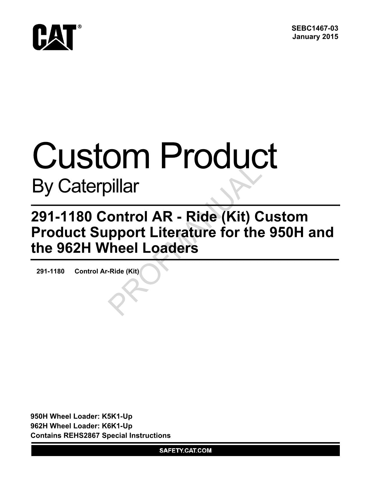 Caterpillar Cat 291 1180 Control 950H-962H Wheel Loader Parts Catalog Manual