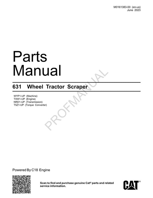 Caterpillar Cat 631 Wheel Tractor Scraper Parts Catalog Manual M0161383