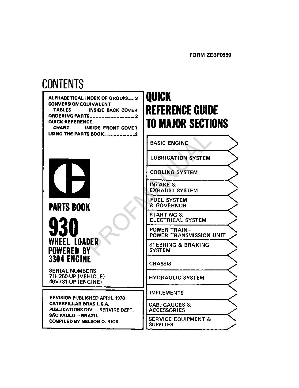 Caterpillar 930 Wheel Loader Powered 3304 Engine Parts Catalog Manual ZEBP0559