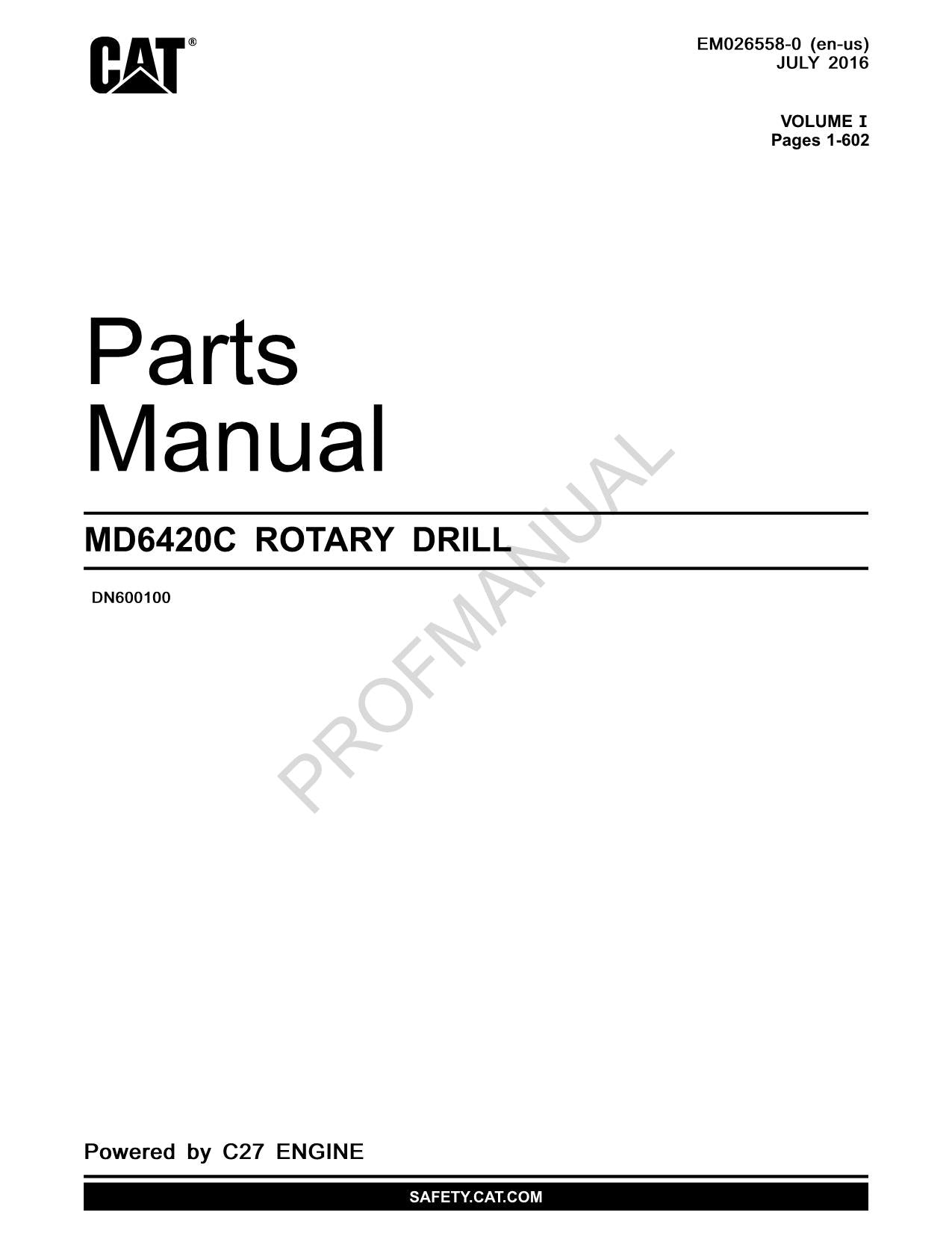 Catalogue de pièces détachées pour perceuse rotative Caterpillar Cat MD6420C, manuel ser DN600100