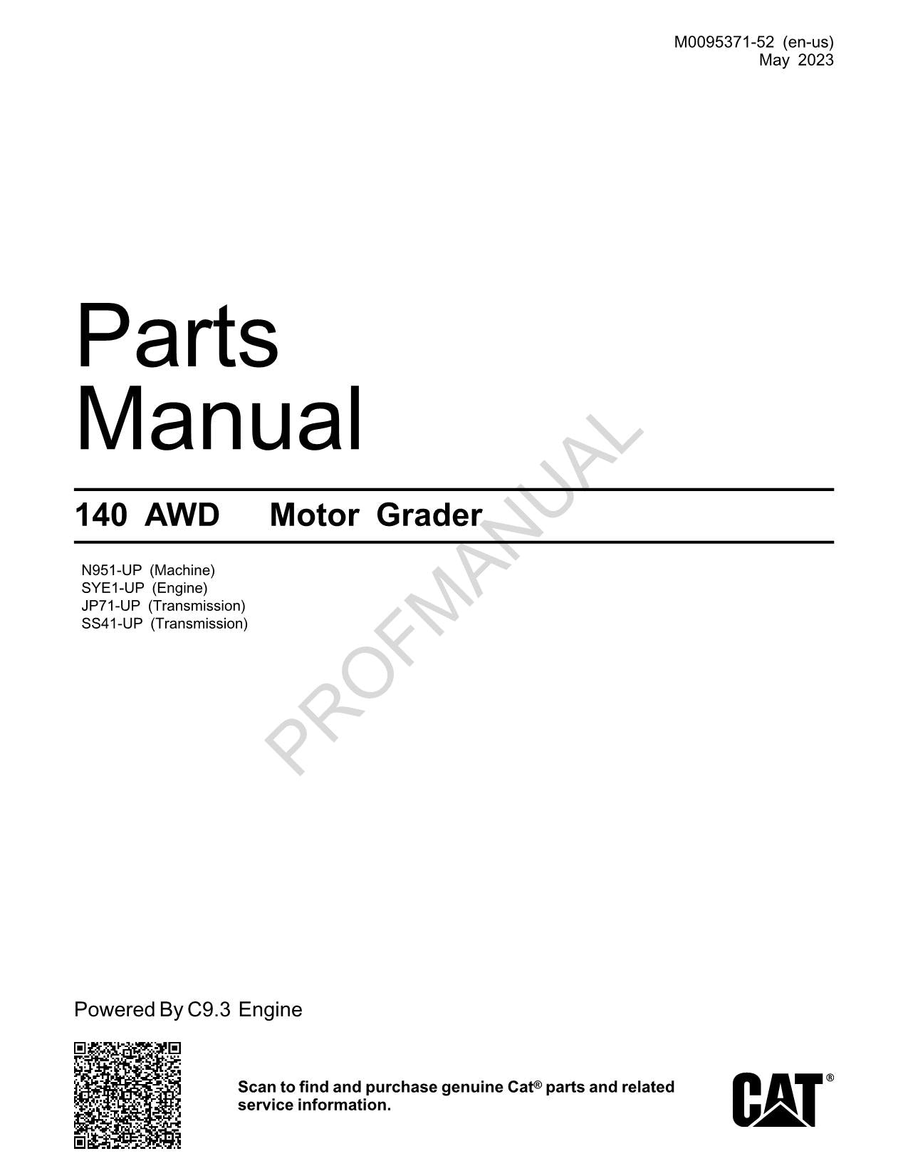 Caterpillar Cat 140 AWD Motor Grader Parts Catalog Manual M0095371