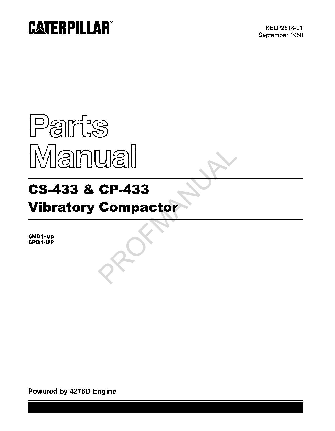 Caterpillar Cat CS 433 CP 433 Vibratory Compactor Parts Catalog Manual