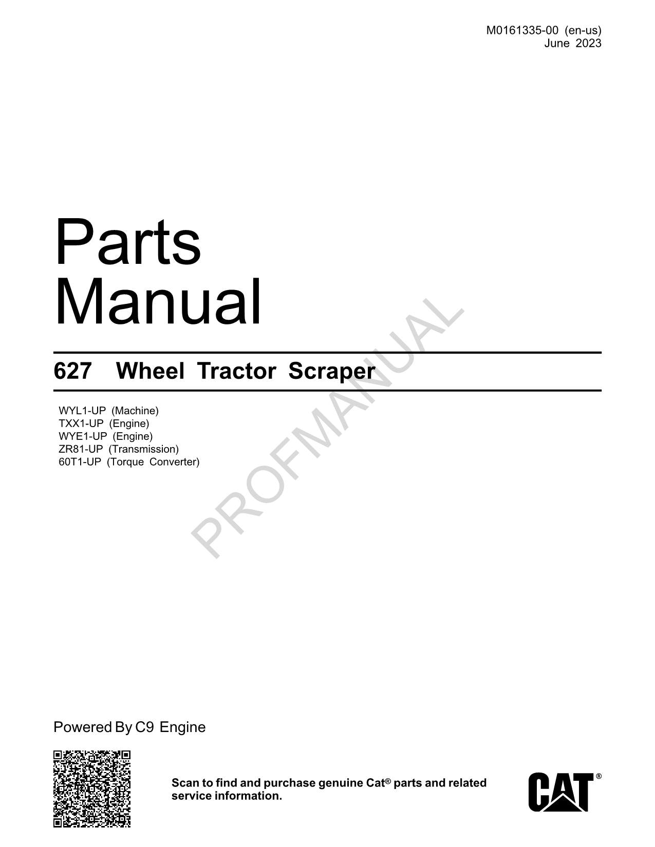 Caterpillar Cat 627 Wheel Tractor Scraper Parts Catalog Manual M0161335