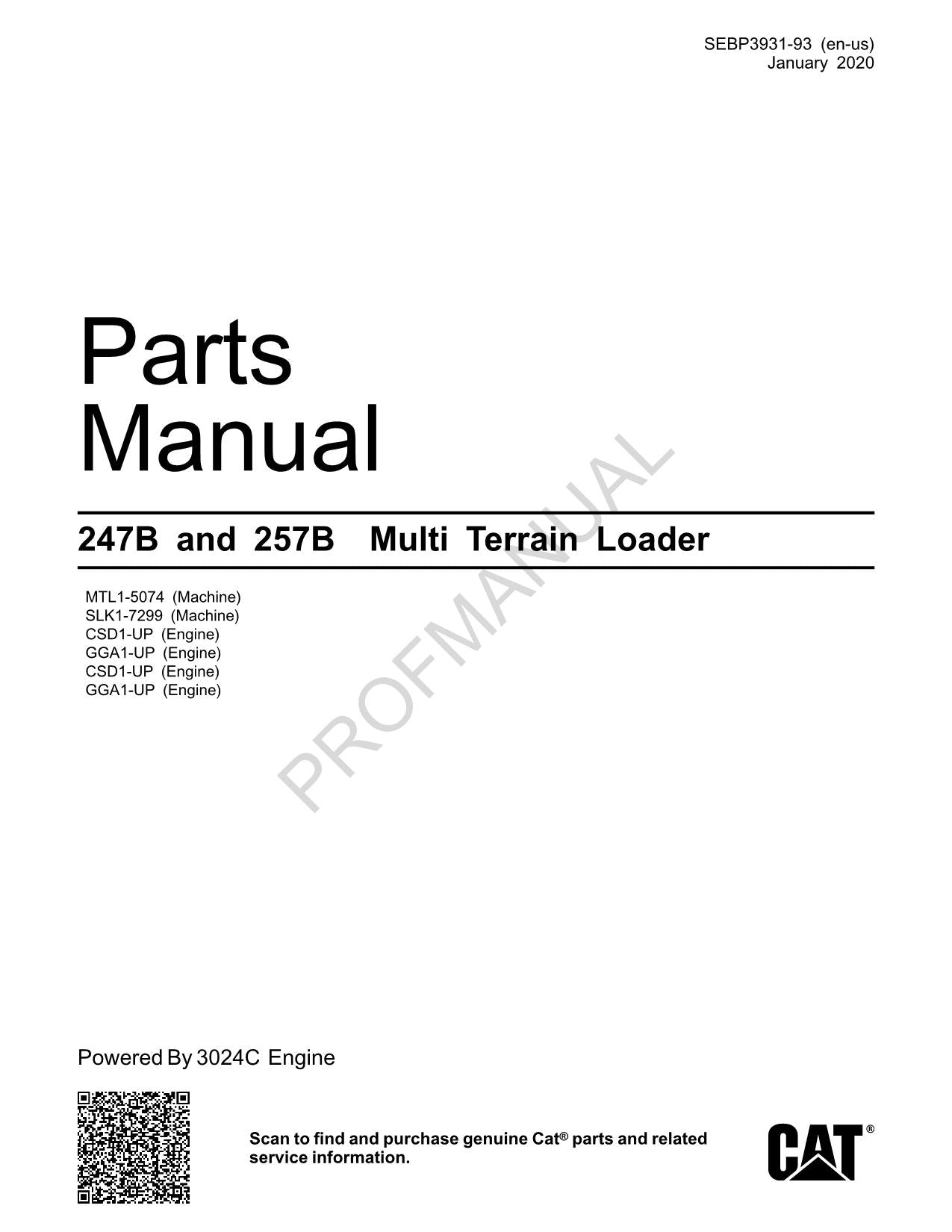 Caterpillar Cat 247B 257B Multi Terrain Loader Parts Catalog Manual