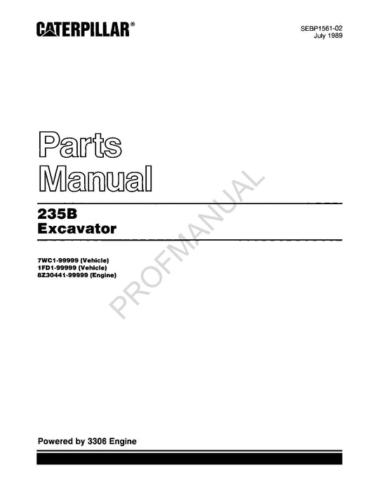 Caterpillar Cat 235B Excavator Parts Catalog Manual SEBP1561