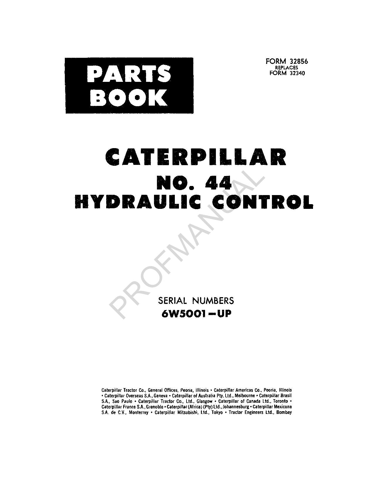 Caterpillar Cat No. 44 Hydraulic Control Parts Catalog Manual ser 6W5001-Up