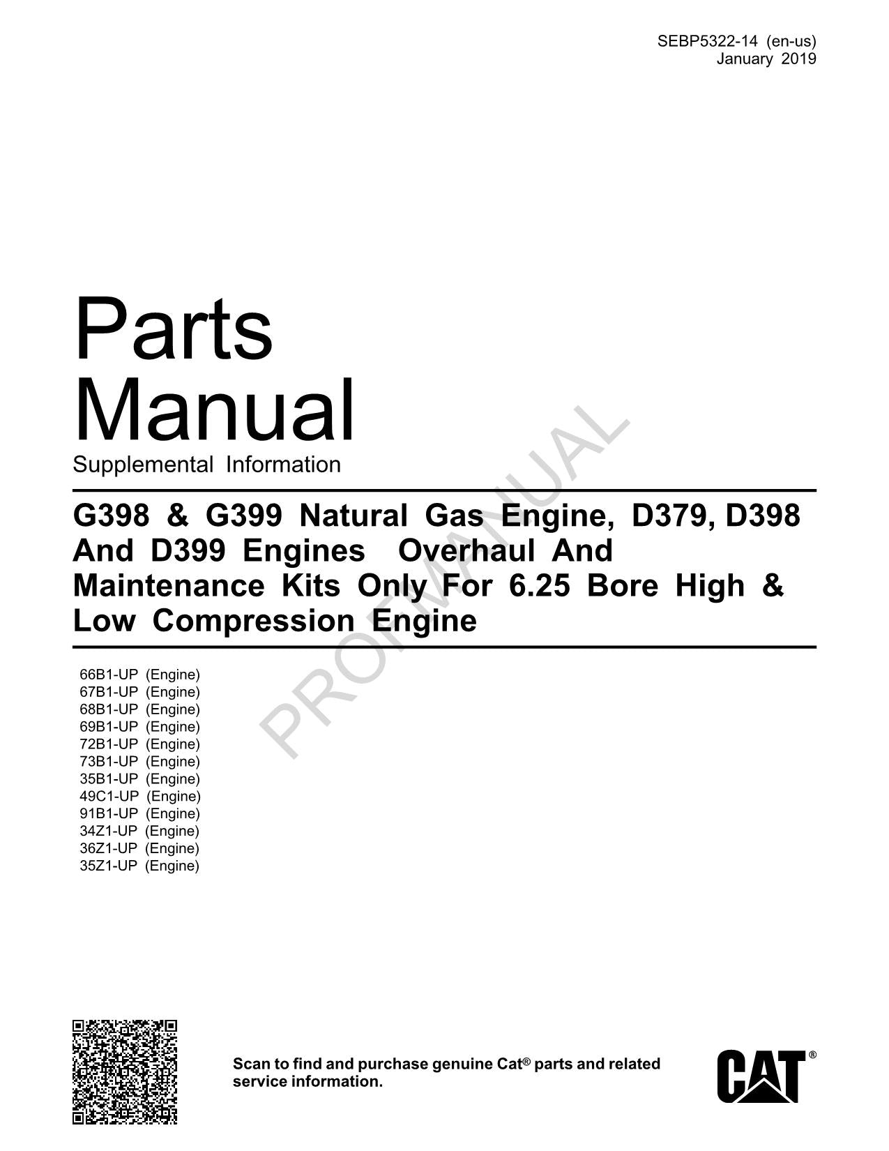 Catalogue de pièces détachées pour moteurs Caterpillar Cat G398 G399 au gaz naturel D379 D398 D399 Manuel