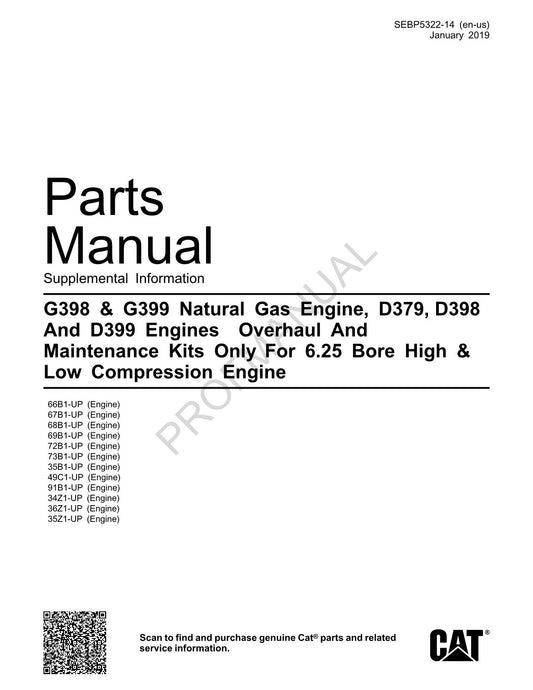 Catalogue de pièces détachées pour moteurs Caterpillar Cat G398 G399 au gaz naturel D379 D398 D399 Manuel