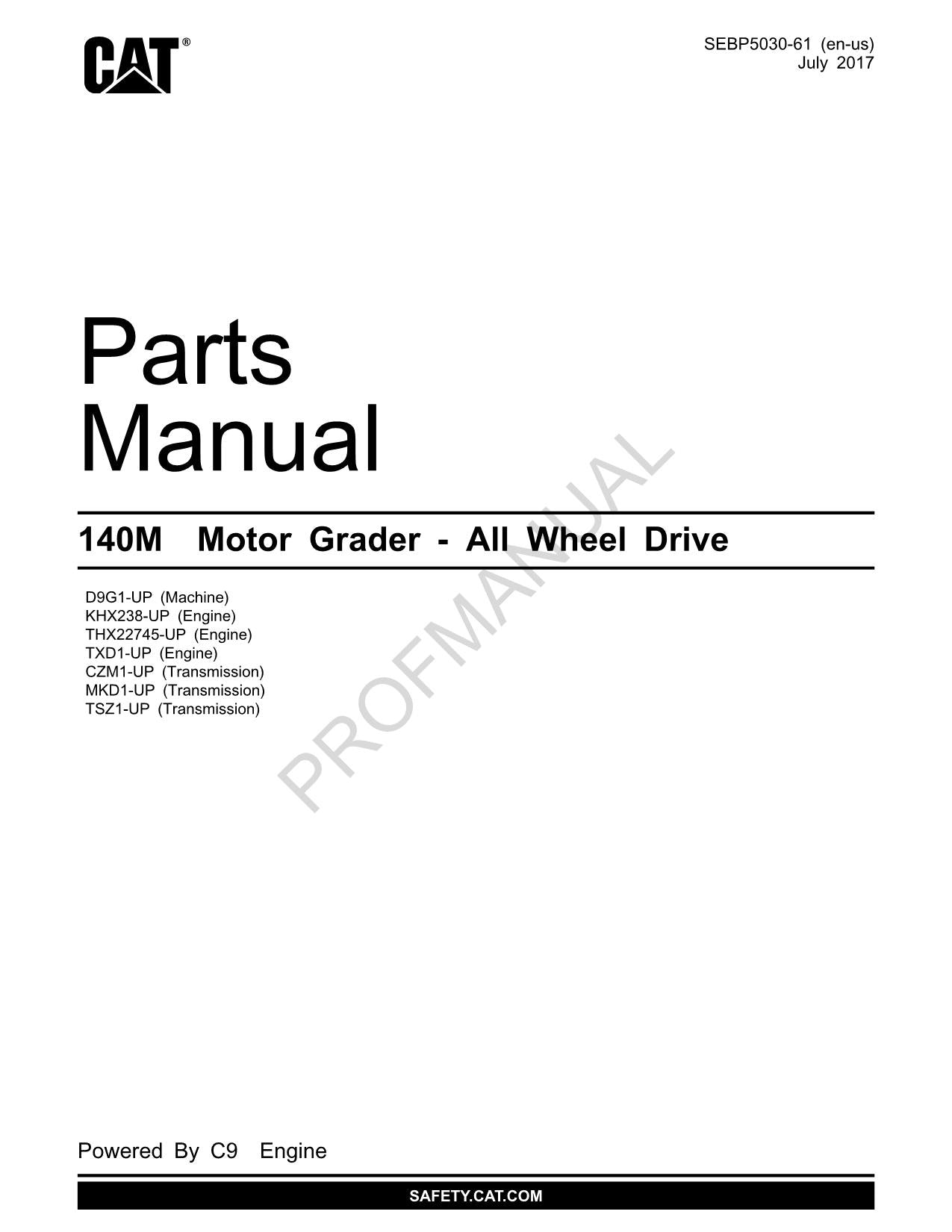 Caterpillar Cat 140M Motor Grader All Wheel Drive Parts Catalog Manual SEBP5030