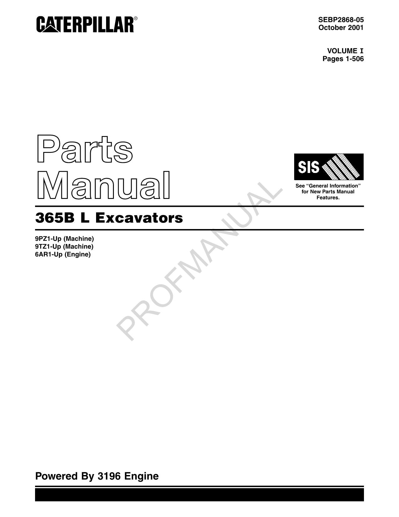 Caterpillar Cat 365B Excavator Parts Catalog Manual