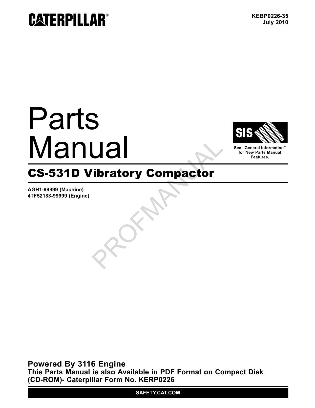 Caterpillar CS 531D Vibratory Compactor Parts Catalog Manual