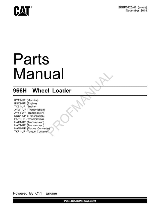 Caterpillar Cat 966H Wheel Loader Parts Catalog Manual SEBP5426