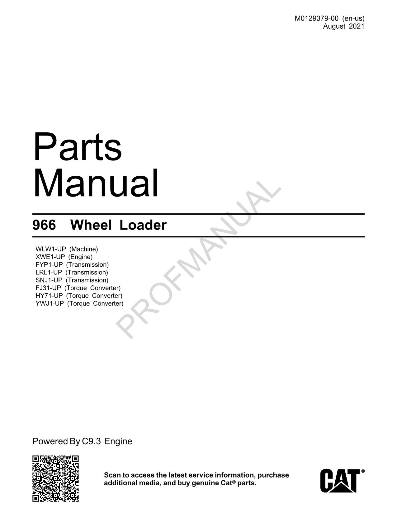 Caterpillar Cat 966 Wheel Loader Parts Catalog Manual M0129379