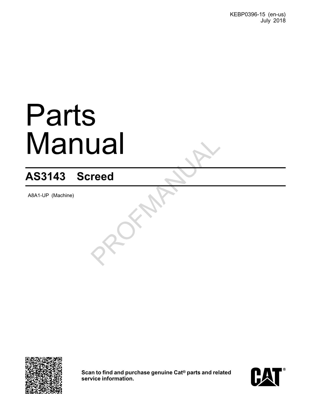 Caterpillar Cat AS3143 Screed Parts Catalog Manual