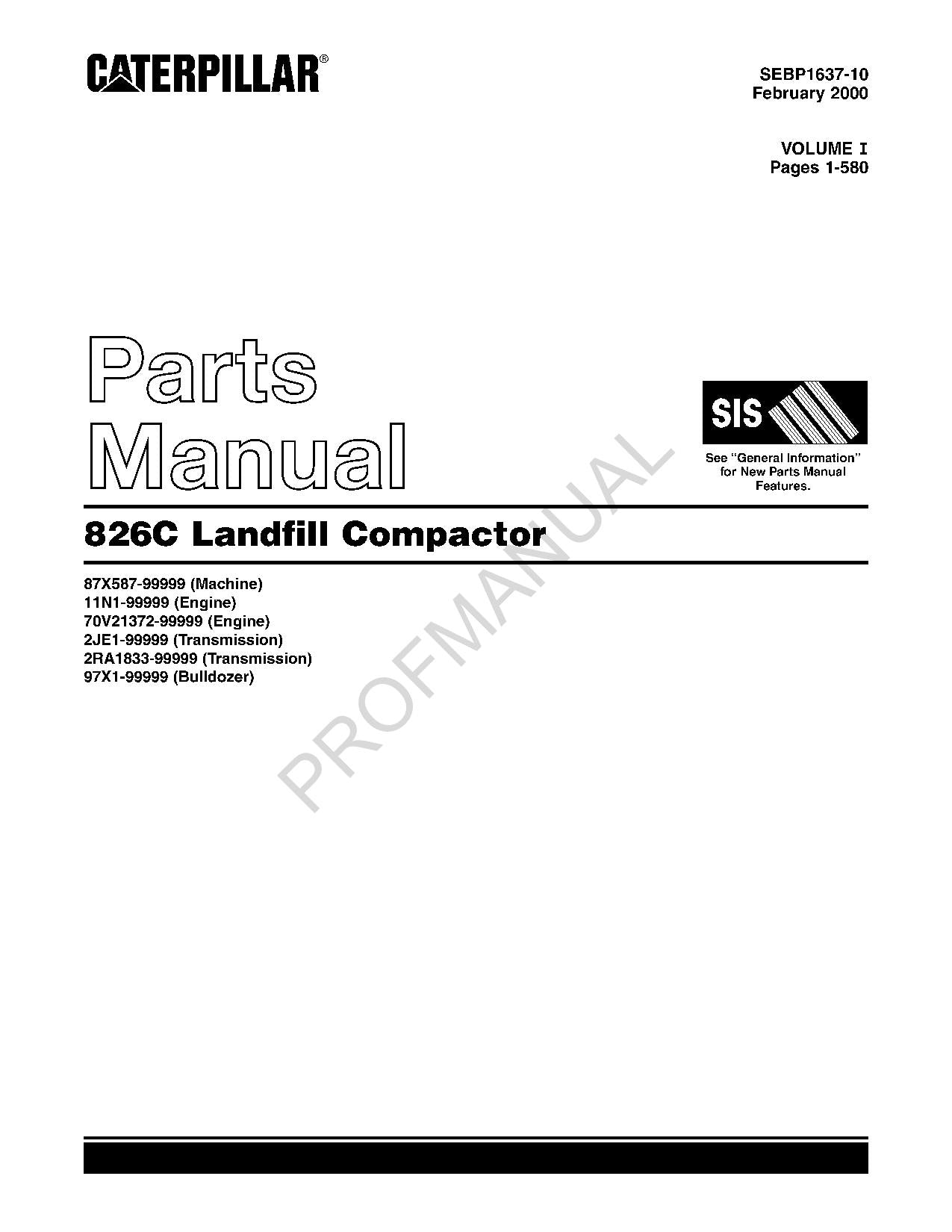 Caterpillar Cat 826C Landfill Compactor Parts Catalog Manual SEBP1637