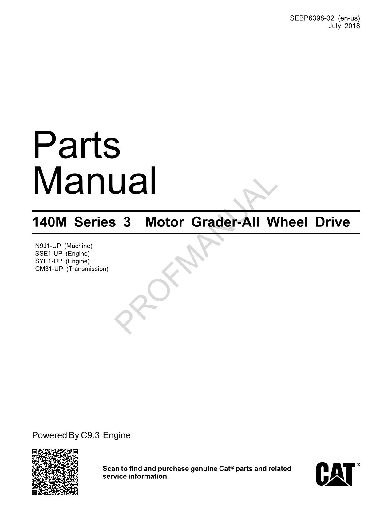 Caterpillar Cat 140M Series 3 Motor Grader Parts Catalog Manual SEBP6398