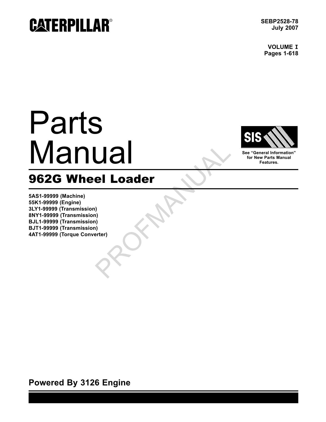 Caterpillar Cat 962G Wheel Loader Parts Catalog Manual SEBP2528