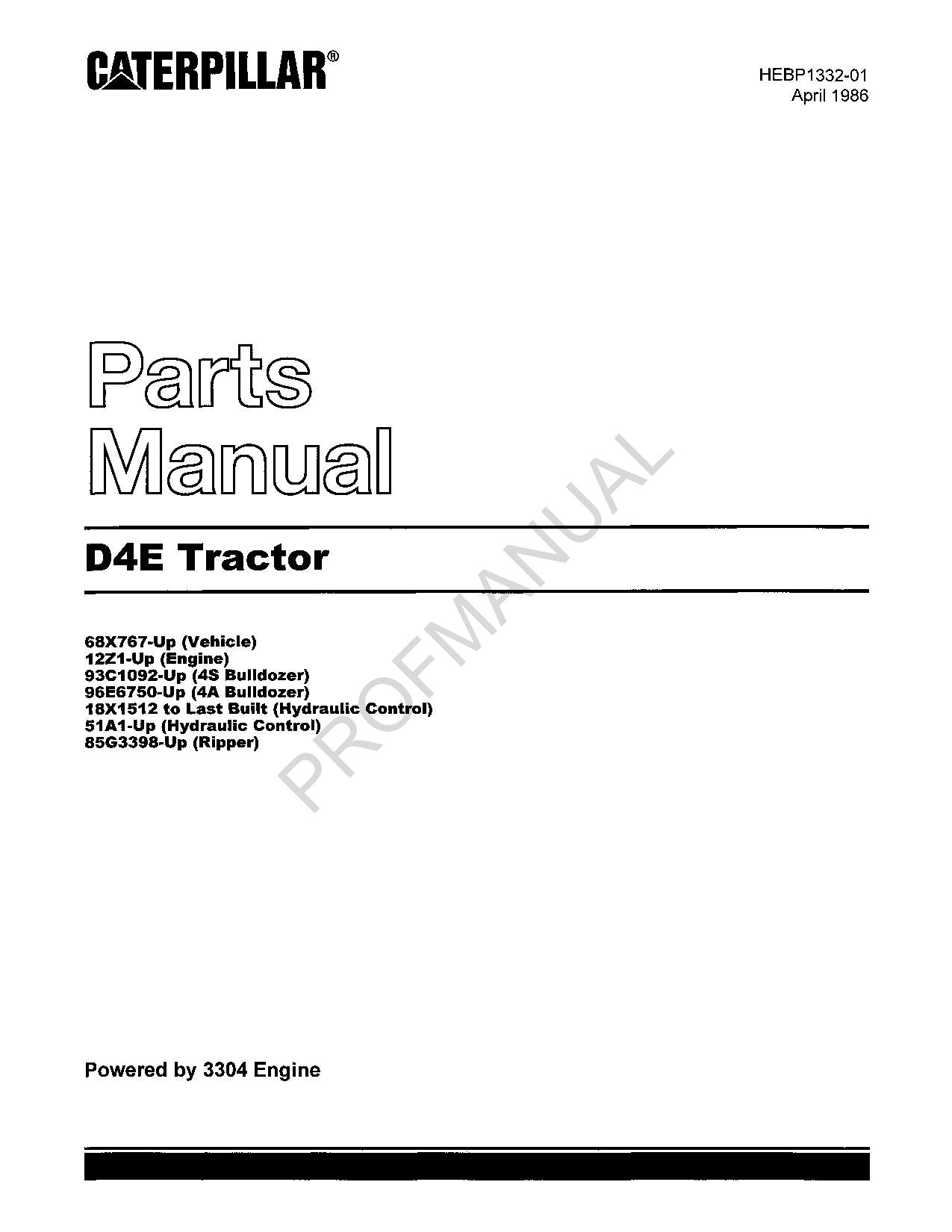 Caterpillar Cat D4E Tractor Parts Catalog Manual HEBP1332