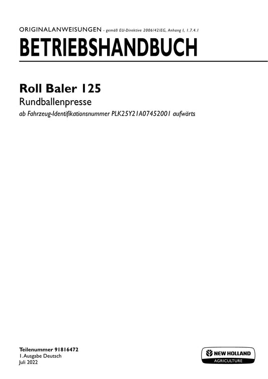 New Holland Roll Baler 125 Rundballenpresse Betriebsanleitung 91816472