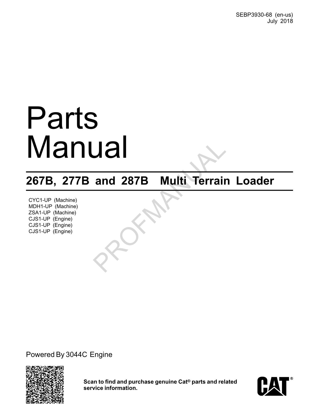 Caterpillar Cat 267B 277B 287B Multi Terrain Loader Parts Catalog Manual