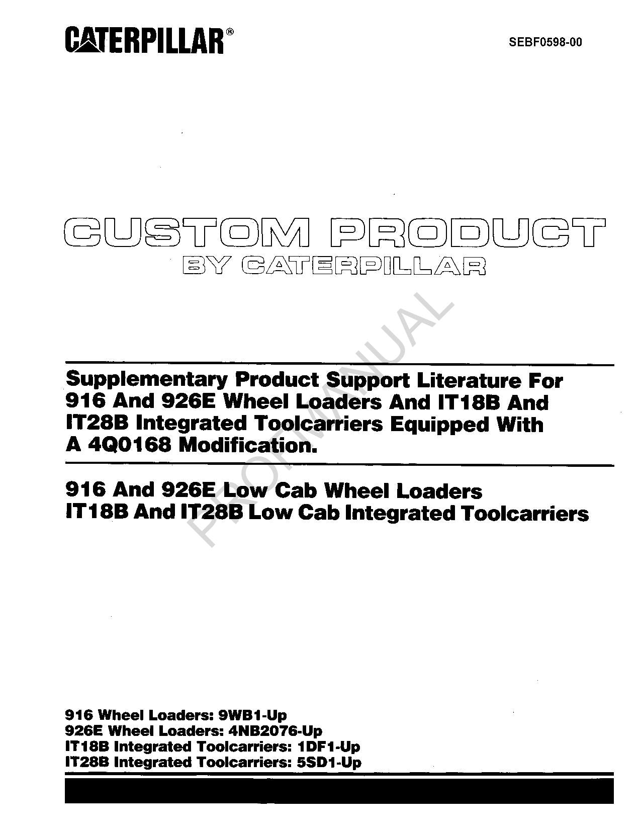 Caterpillar Suppl 916 926E Loader IT18B IT28B Toolcarrier Parts Catalog Manual