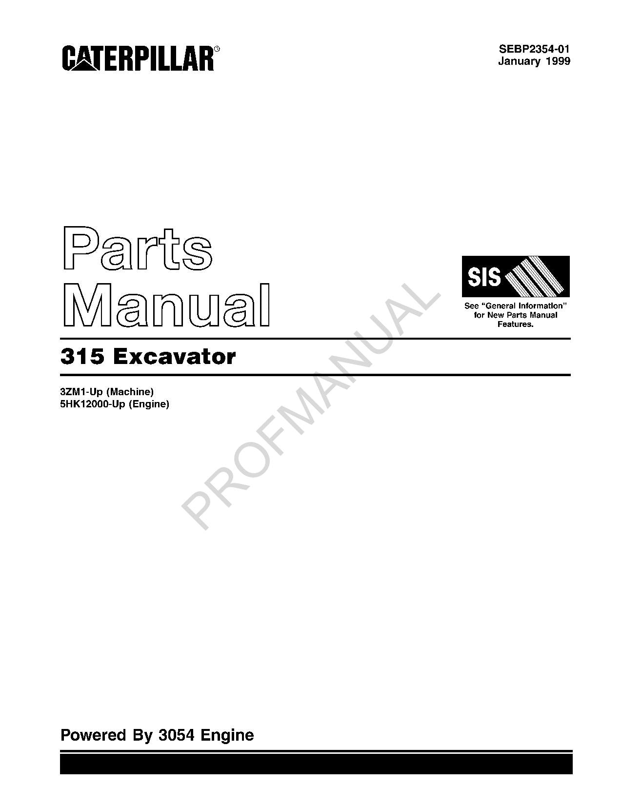 Caterpillar Cat 315 Excavator Parts Catalog Manual ser 5HK12000-Up 3ZM1-Up