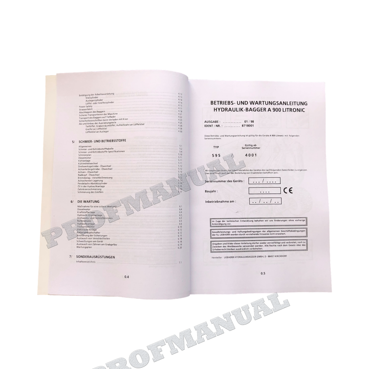 Liebherr A900 Litronic Hydraulikbagger Manuel d'instructions série 595/4001