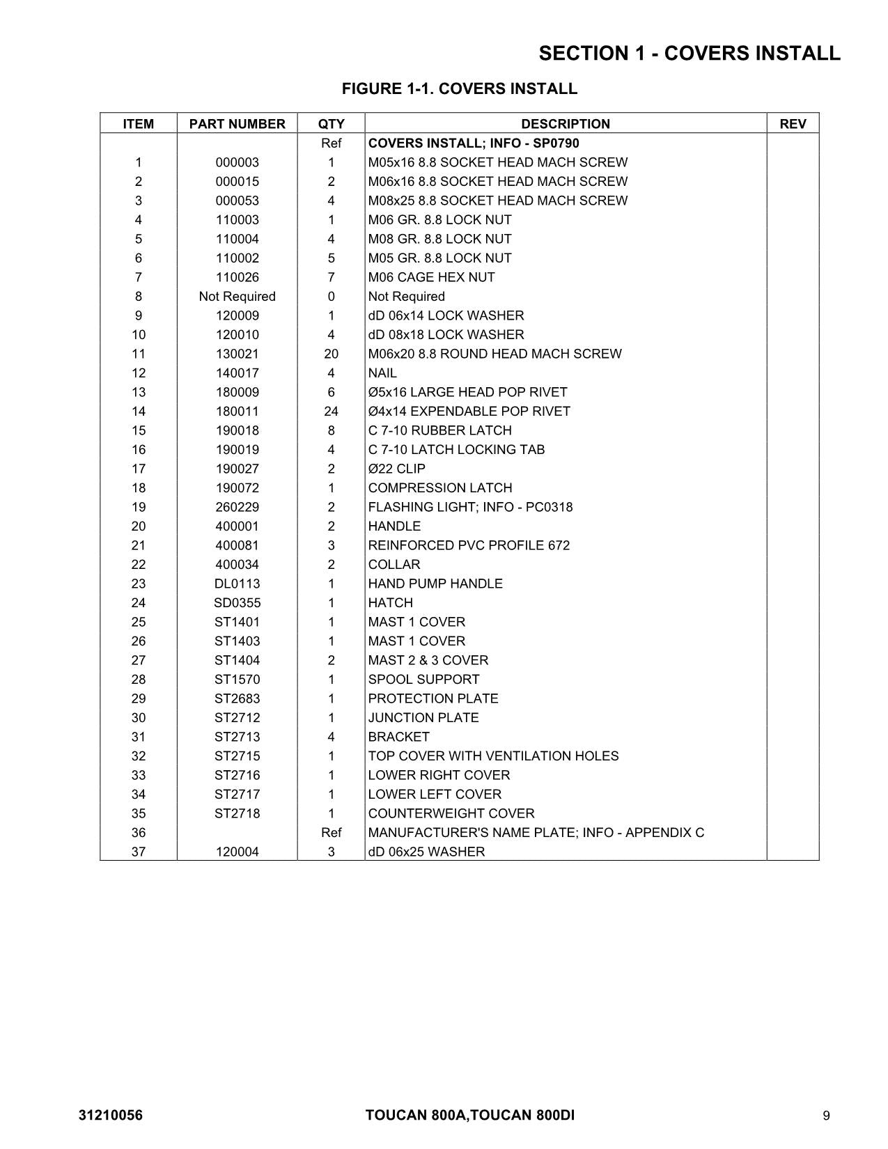 TOUCAN 800A 800Di Vertical Lift Parts Catalog Manual Multi language