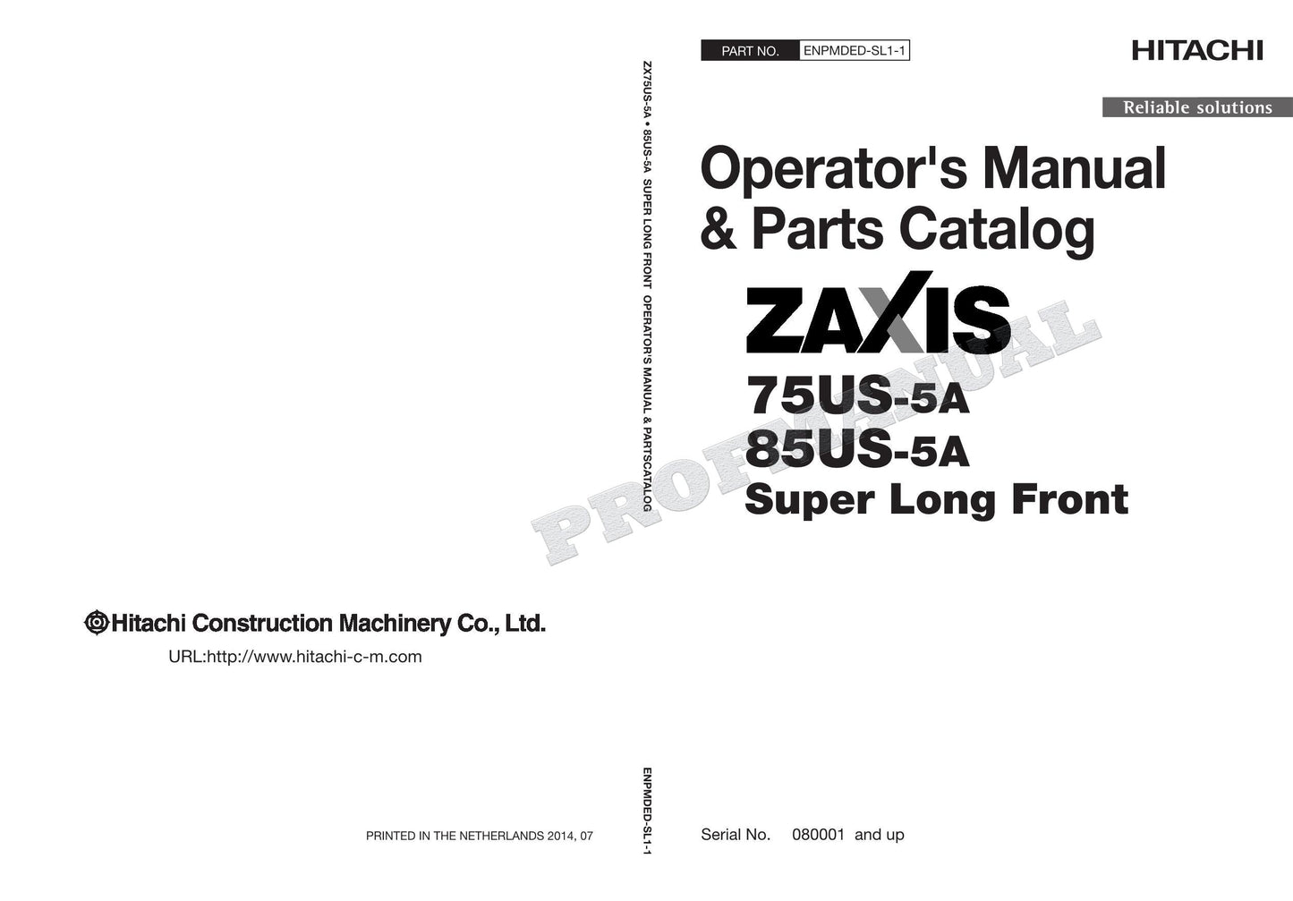 HITACHI ZX75US-5A ZX85US-5A Super Long Front Excavator Parts Catalog Manual