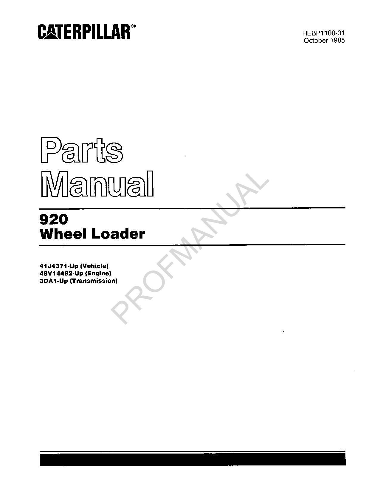 Caterpillar Cat 920 Wheel Loader Parts Catalog Manual HEBP1100